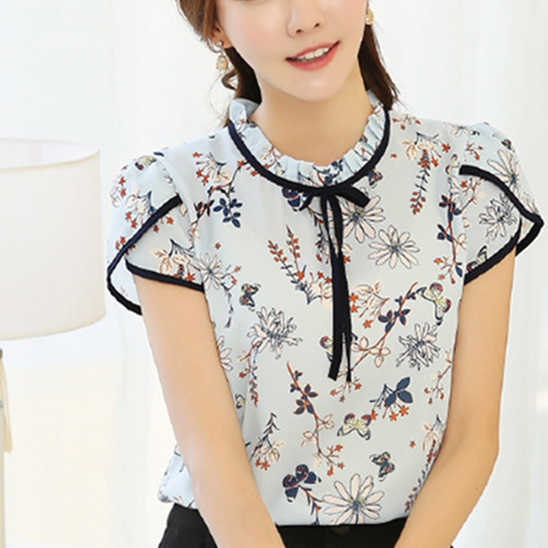 Chiffon Blouse Ruffled Collar Bow Neck Shirt