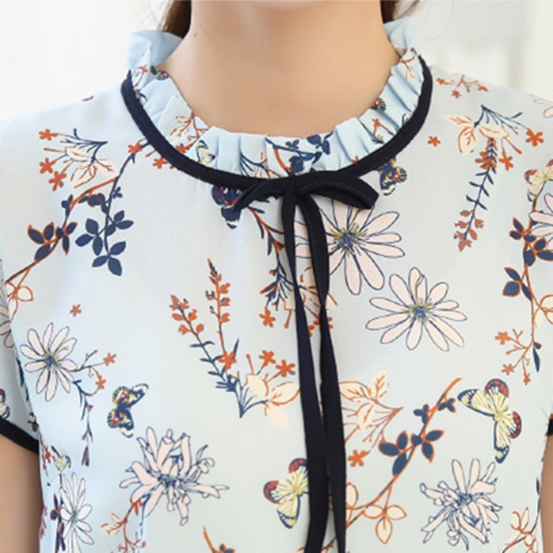 Chiffon Blouse Ruffled Collar Bow Neck Shirt