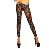 Women Black Rose Floral Lace Faux Leather Leggings