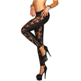 Women Black Rose Floral Lace Faux Leather Leggings