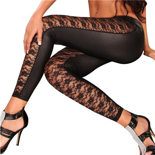 Women Black Rose Floral Lace Faux Leather Leggings