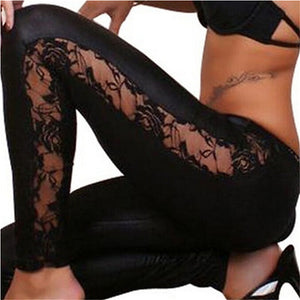 Sexy Faux Leather Women Leggings High Quality Slim Lace Leggings