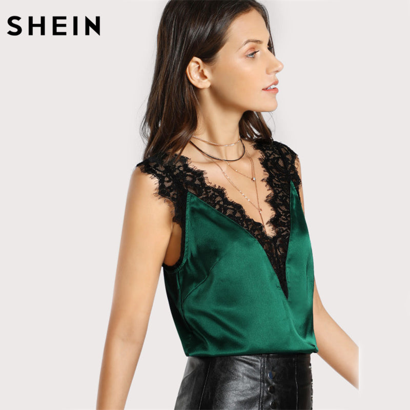 Trim Double V Neck Satin Silk Top Sexy Tops