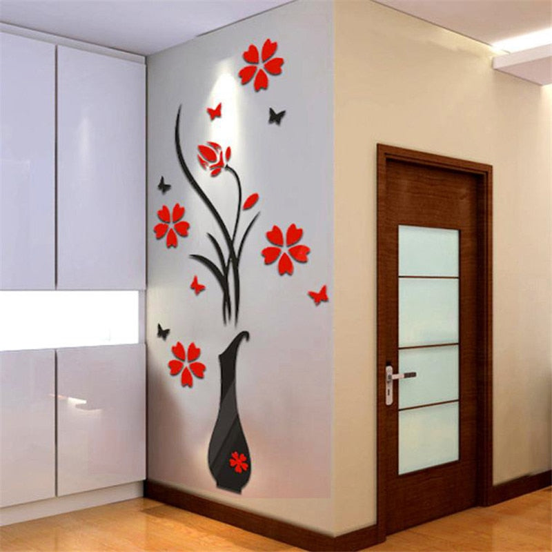 3D  Vase Flower Tree Wall Stickers