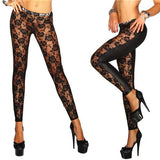 Women Black Rose Floral Lace Faux Leather Leggings