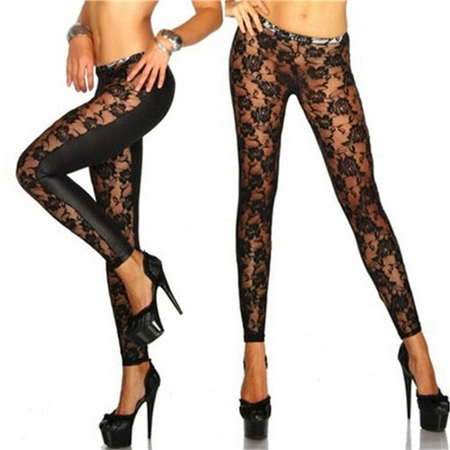 Women Black Rose Floral Lace Faux Leather Leggings