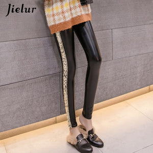 Jielur Autumn Thin PU Faux Leather Leggings with Sliver Gold Side Stripe