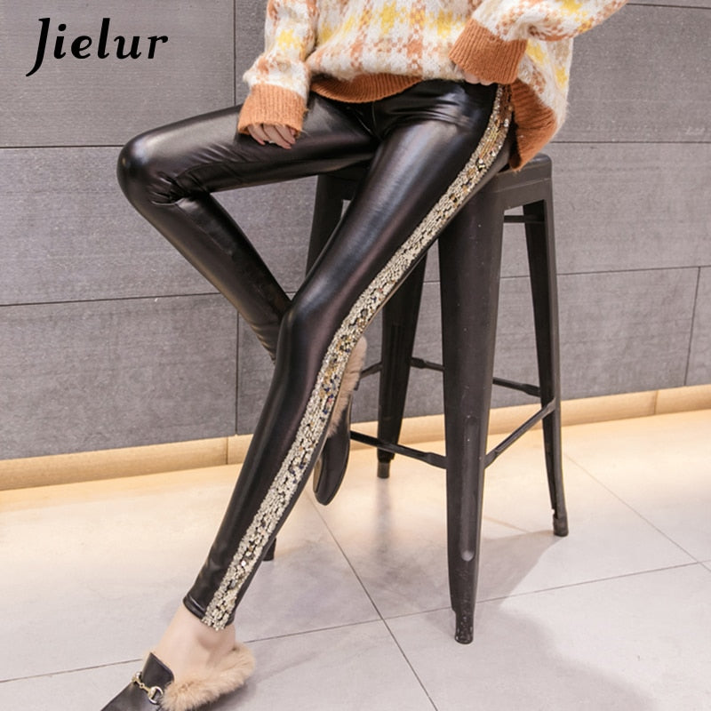 Jielur Autumn Thin PU Faux Leather Leggings with Sliver Gold Side Stripe