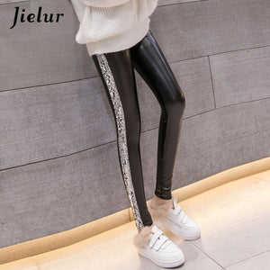 Jielur Autumn Thin PU Faux Leather Leggings with Sliver Gold Side Stripe